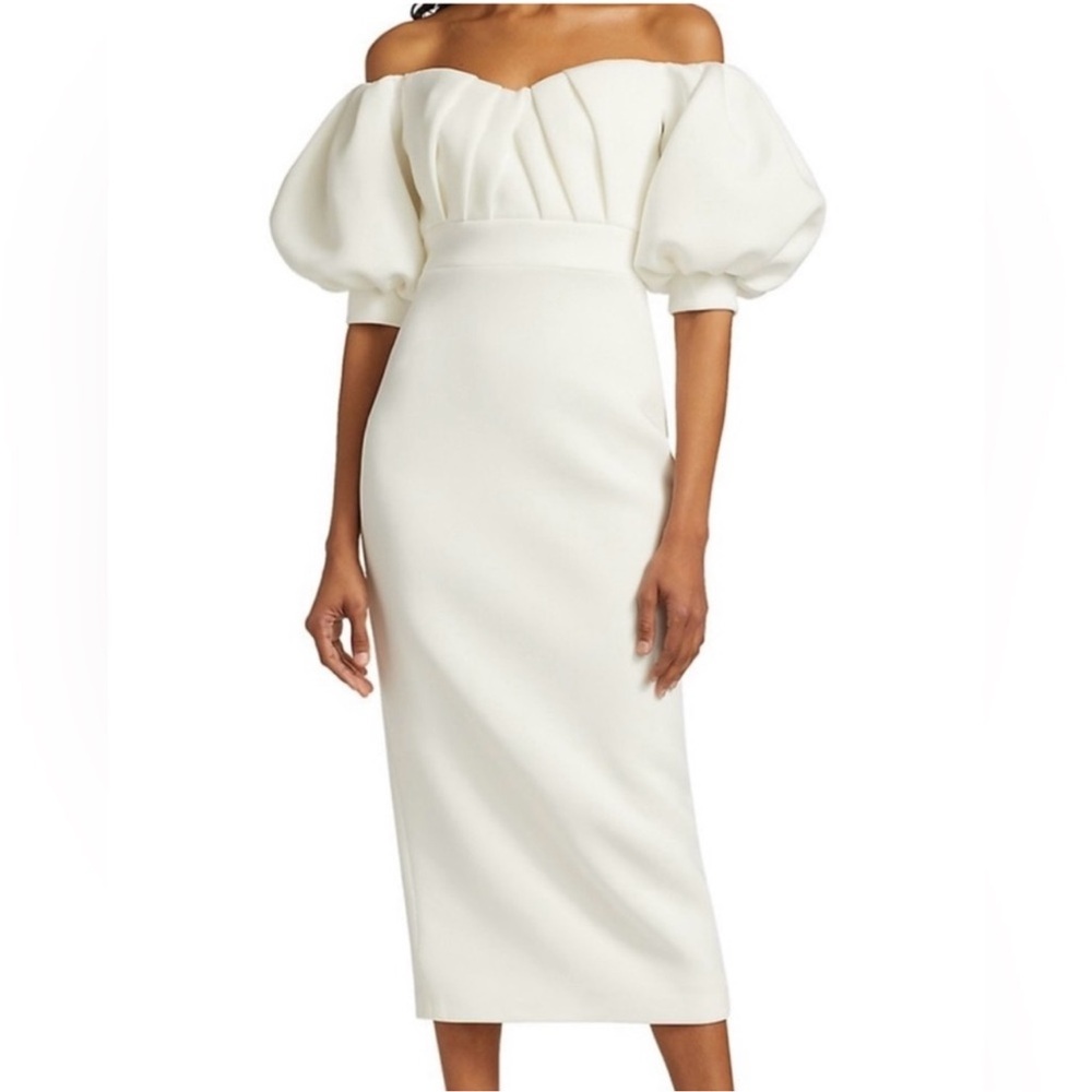 Badgley Mischka Off-Shoulder Cream Midi Dress